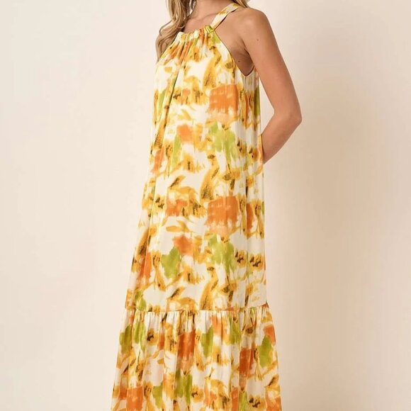 Mittoshop Watercolor Print Halter Neck Satin Maxi‎ Dress - Picture 6 of 9